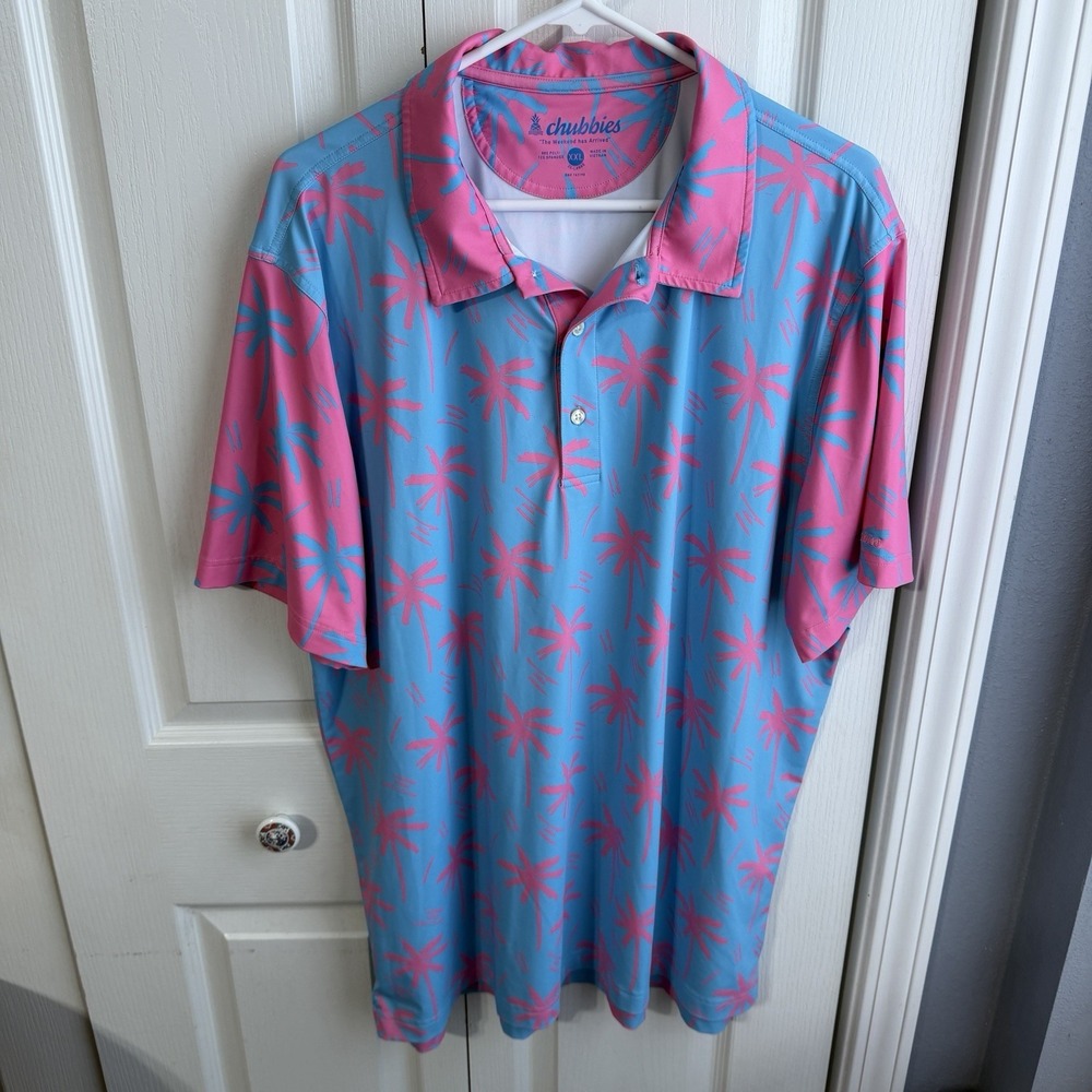 Chubbies Pink Blue Electric Slide Performance Palm Tree Polo Men's Size XXL